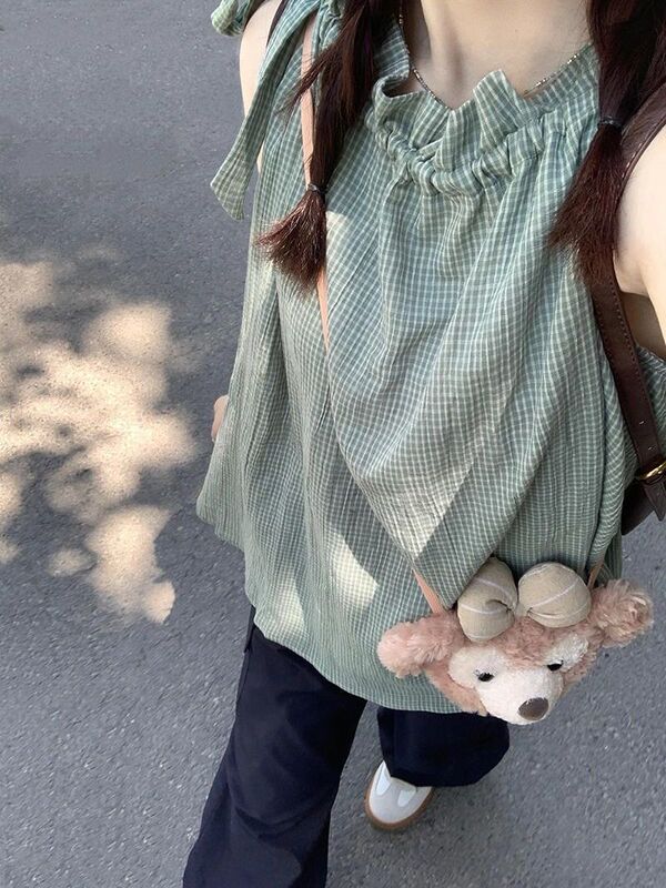 Summer New Korean Style Loose Strap Student Vest Loose Fresh Sleeveless Plaid Top Women's Neck Shirt