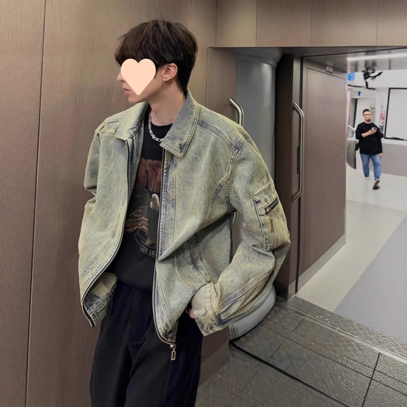 Spring and Autumn New Vintage Washed Denim Jacket for Men, Stylish High Street American Couple's Turn-Down Collar Top Trendy