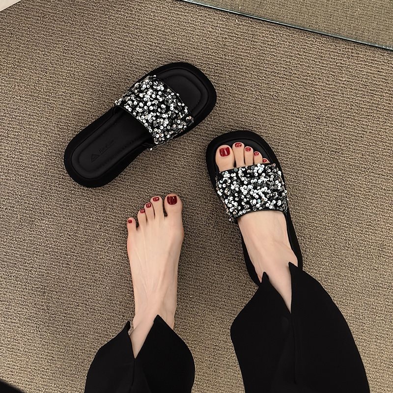 Zapatillas de muffin de diafragma sensitivas de verano para mujeres, una palabra para damas, sandalias de suela gruesa, zapatillas de medio frío, nuevo negro image 4