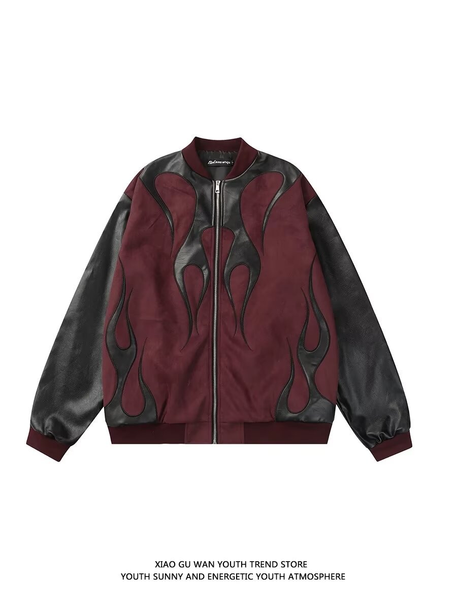Men's Clothing high street stitching PU leather contrast color pilot jacket retro men and women couple loose casual baseball jacket_voghion.com