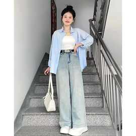 蓝色防晒衬衫外套女夏季设计感时尚宽松叠穿内搭中长款polo领衬衣