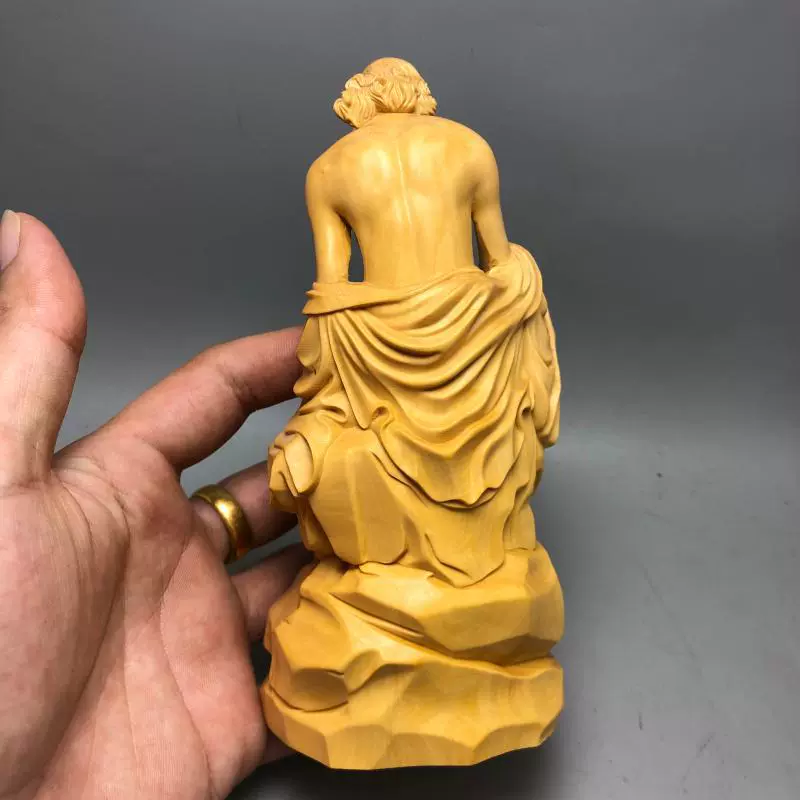 WBZ7 Small Boxwood Yew Wood Carving Zen-inspired Pot-bellied Dharmapala Arhat Buddha Statue Solid Wood Home Hallway Chinese Style