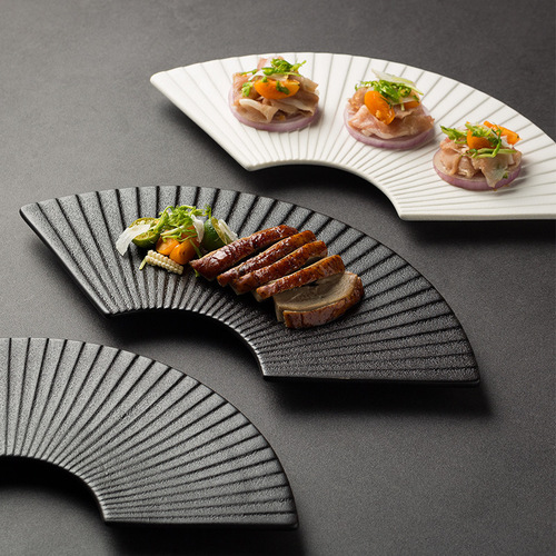 Fan-shaped striped plate, special-shaped plate, Japanese-style sushi plate, ceramic dessert plate, home creative platter, commercial hotel table setting