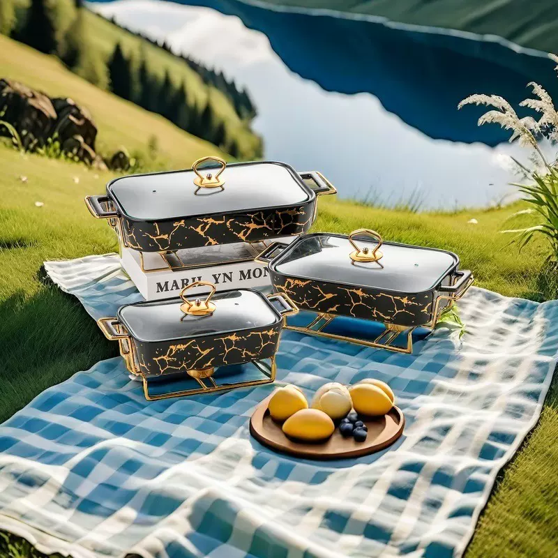 哇噢定制小型户外大理石纹长方陶瓷汤锅野外露营野炊便携保温汤锅