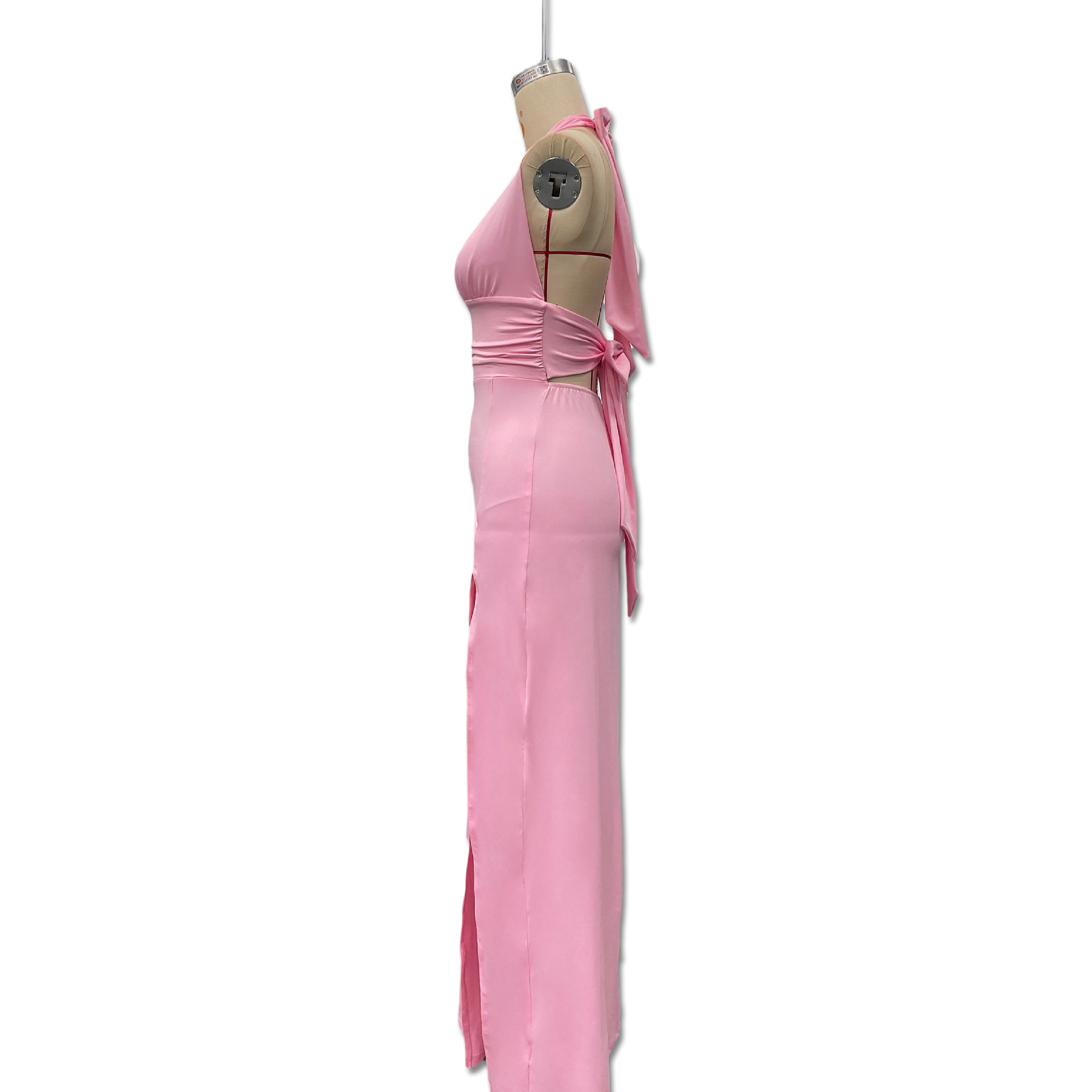 Elegant Women's Sleeveless Halter Neck V Neck Slit Long Dress European American Style Deep V Solid Color Cinching Sexy Dress_ecoleips.com