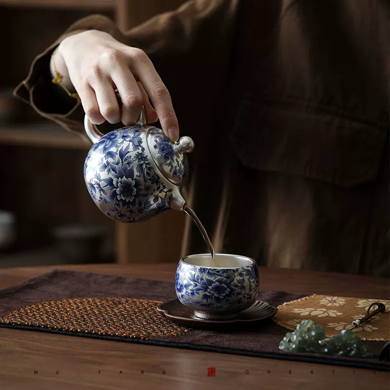 青花鎏银功夫茶具套装一壶二杯高端轻奢茶壶礼盒中秋乔迁领导送礼