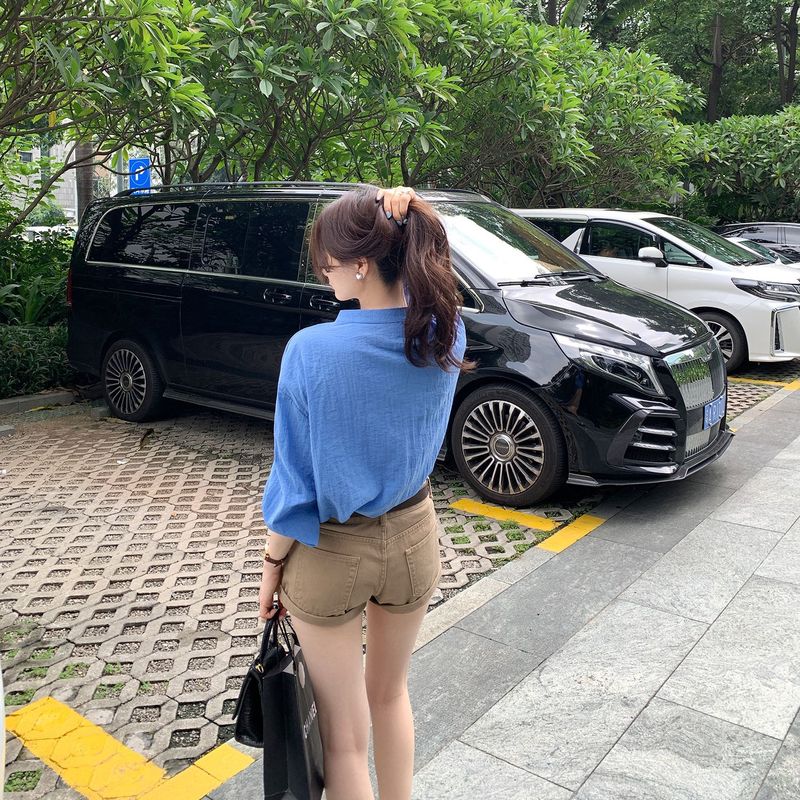 法式漂亮亚麻V领蓝色衬衫外套女2025早秋新款高级感chic别致上衣|undefined