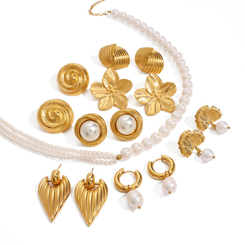 Jiding European & American Style Stainless Steel Pearl Necklace, High-End Exaggerated Flower Earrings, Titanium Steel Accessories