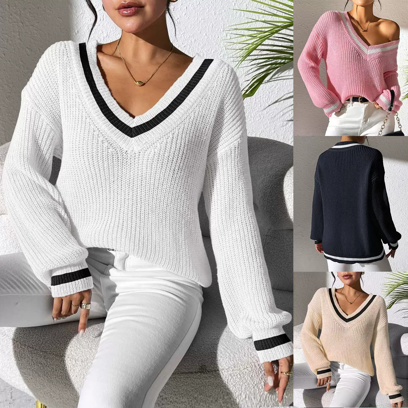跨境慵懒风女装学院风女式毛衣撞色V领宽松毛衣休闲百搭毛衣女