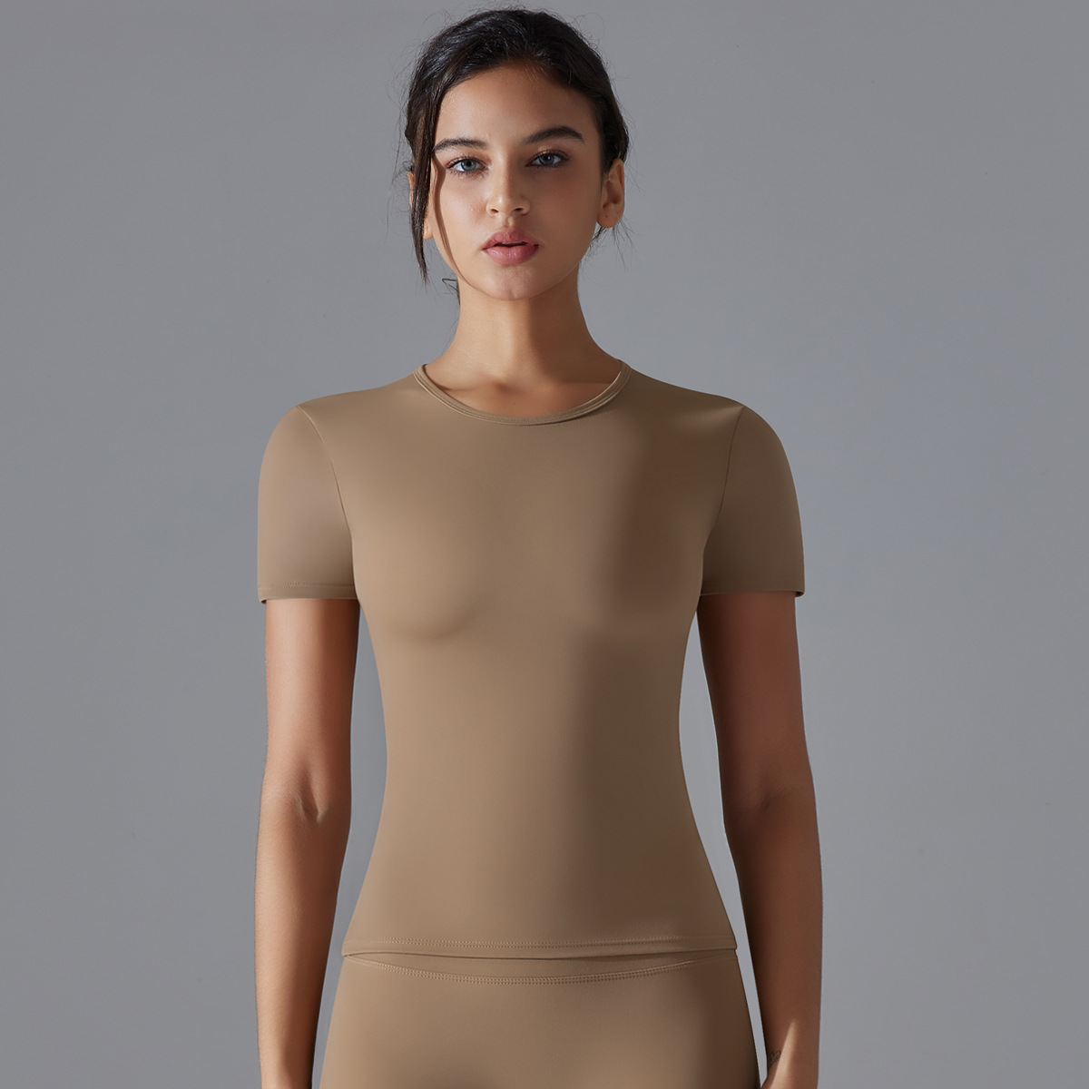 Nuevo color sólido de dos lados abrasivo alto elástico apretado ropa de yoga transpirable mangas cortas camiseta deportiva de ejercicio de yoga