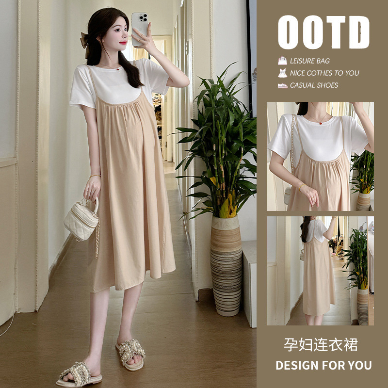 Pregnant Women's Summer Dress 2024 New Style Fashionable Stitching Loose Elegant dress Summer Thin Belly Covering Pregnant Women's Dress