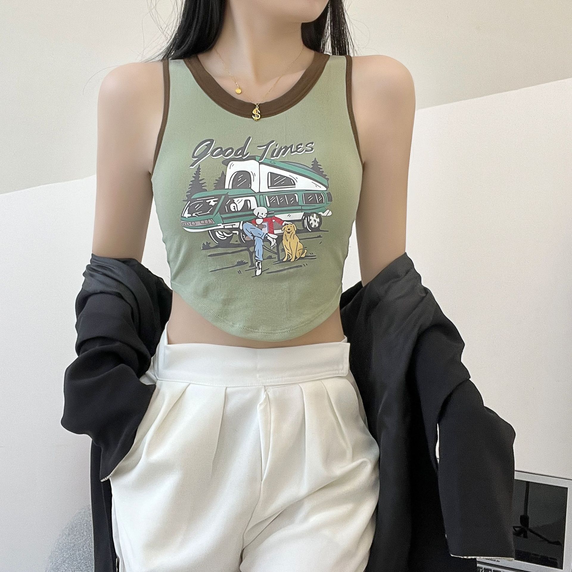 Primavera y verano carta de impresión camisola desgaste exterior de las mujeres belleza ropa interior desgaste interior sexy chica caliente recortada top