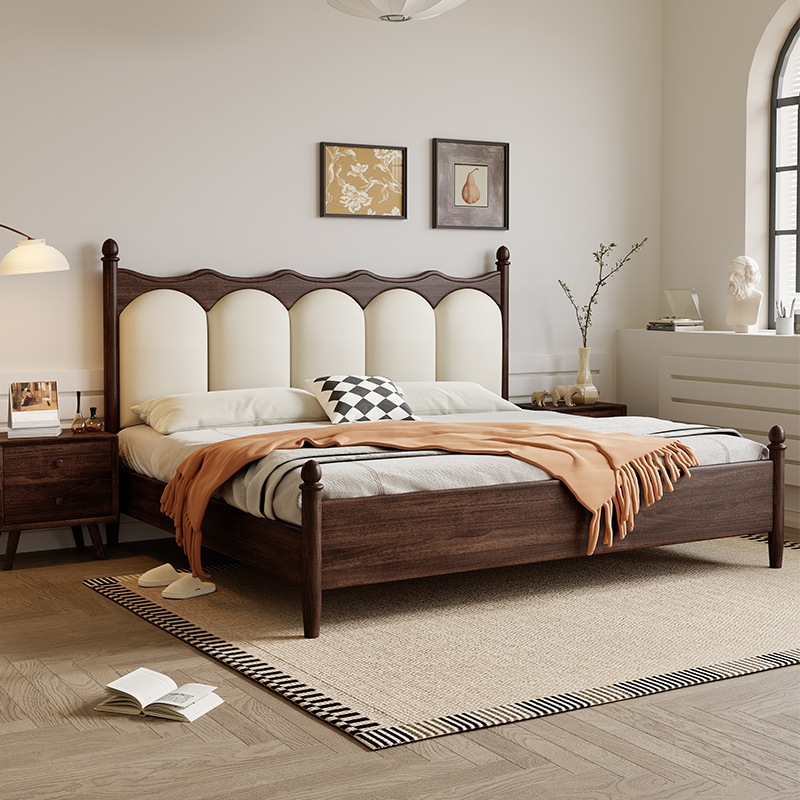 Cama de madera sólida americana retro 1.8m cama doble cama de almacenamiento cama de lujo ligera negra cama de cuero suave cama de respaldo de 1.5m cama