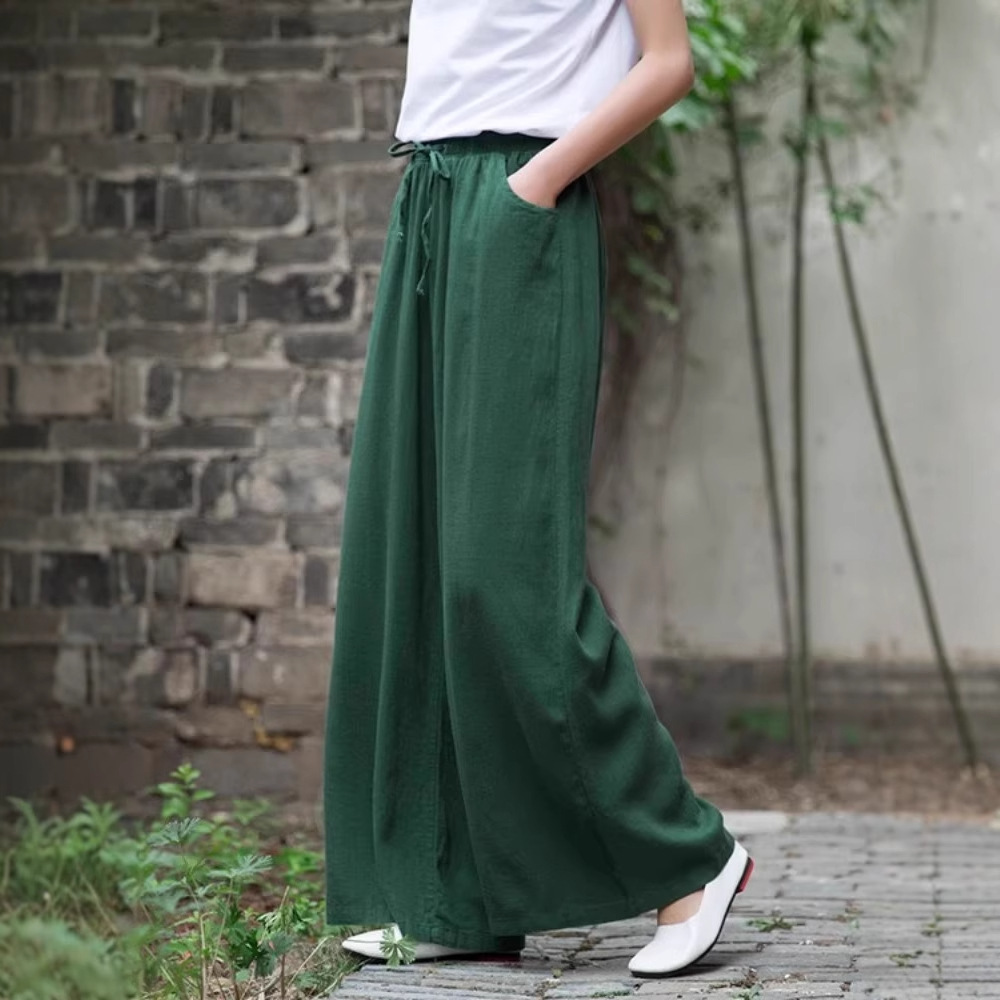 가을 2024 새로운 넓은 다리 바지 여성용 높은 허리 느슨한 슬리밍 타이트 허리 레이스 업 리넨 바지