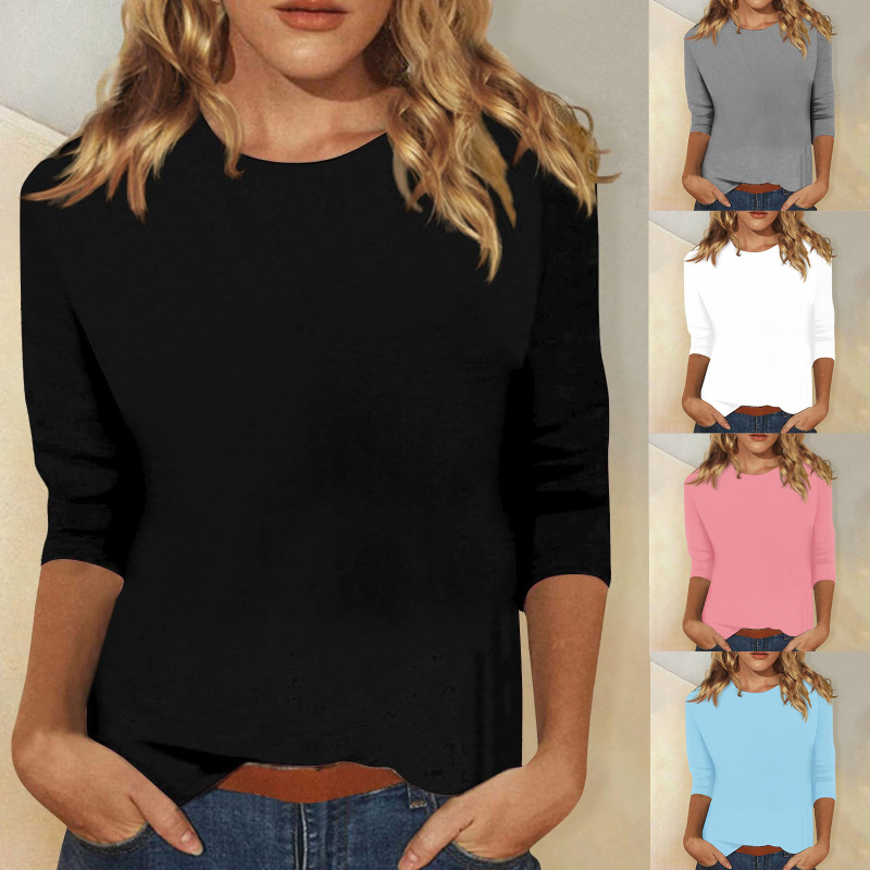 2023 autumn and winter European and American cross-border women's clothing Amazon independent station Foreign trade top round neck 3/4 sleeve solid color T-shirt 2023 autumn and winter European and American cross-border women's clothing Amazon independent station Foreign trade top round neck 3/4 sleeve solid color T-shirt