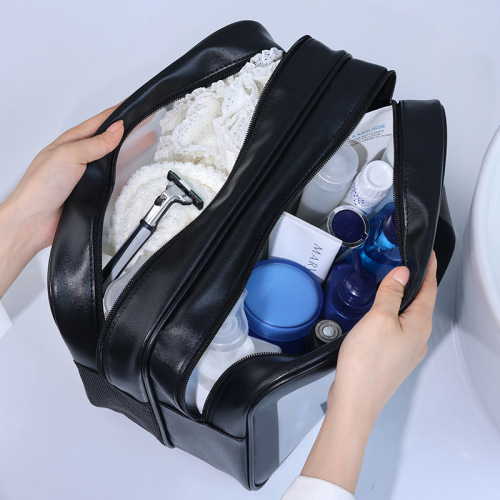 Dry and Wet Separation Double Layer Transparent PU Men's Portable Makeup Bag Cosmetic Storage Bag Travel Toiletry Bag