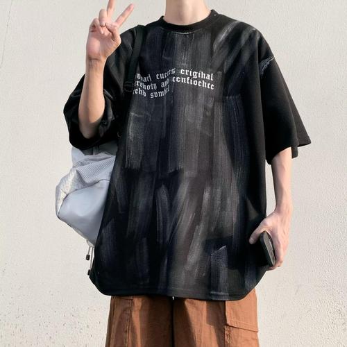 Hand-painted graffiti-style small-town trend T-shirt for men, summer high-street heavy-duty oversized hip-hop sport top