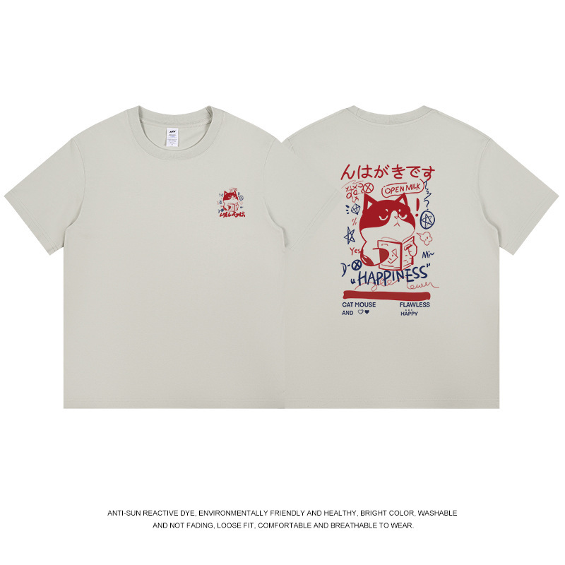 通勤用、普段着に使える、猫プリントの純綿半袖Tシャツ。メンズ、レディース兼用、和風レトロ、新作、ラウンドネック、夏服、トレンドブランド。|undefined