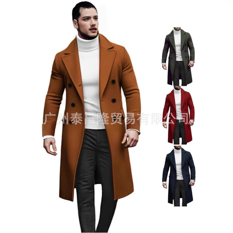 European and American Cross-Border Popular Men's Business Casual Mid-Length Woolen Coat Double-Breasted British Style Men's Jacket Trench Coat