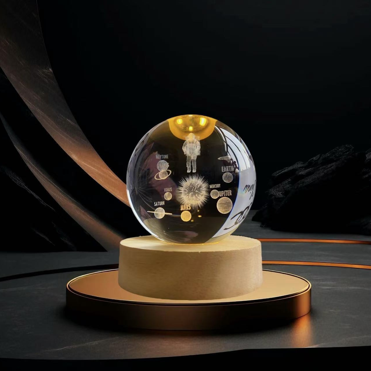 Lámpara de Noche de Cristal con Diseño de Cielo Estrellado 3D, Regalo Navideño, Base Redonda de Madera Luminosa, Lámpara de Mesa, Adorno, Regalo de Navidad