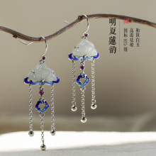 珐琅景泰蓝和田玉耳环流苏耳饰长款古风配汉服旗袍纯银耳坠高级感