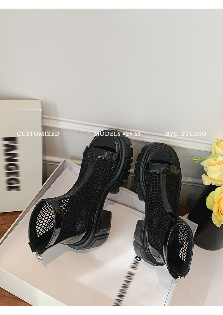 Giày sandal cao gót nữ mũi cá hở ngón, cổ cao lưới mỏng, gót vuông dày 9 cm, khóa kéo sau, đế xuồng thoáng khí — đen, trắng chi tiết 14