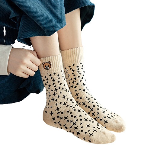 Black embroidered thickened terry thickened towel bottom warm cartoon mid-calf socks for women