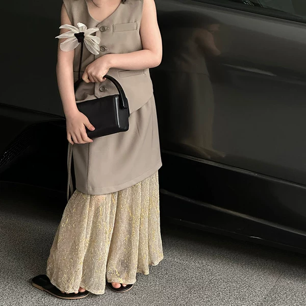 Khaki pleated skirt, long skirt