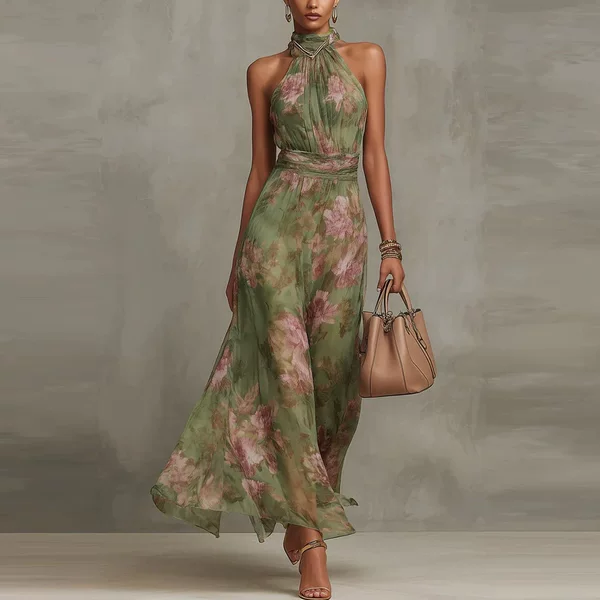 Cross-Border 2026 European and American Women's Fashion Bodycon Mesh Printed Irregular Slit Ruched Sexy Spaghetti Strap Long Dress