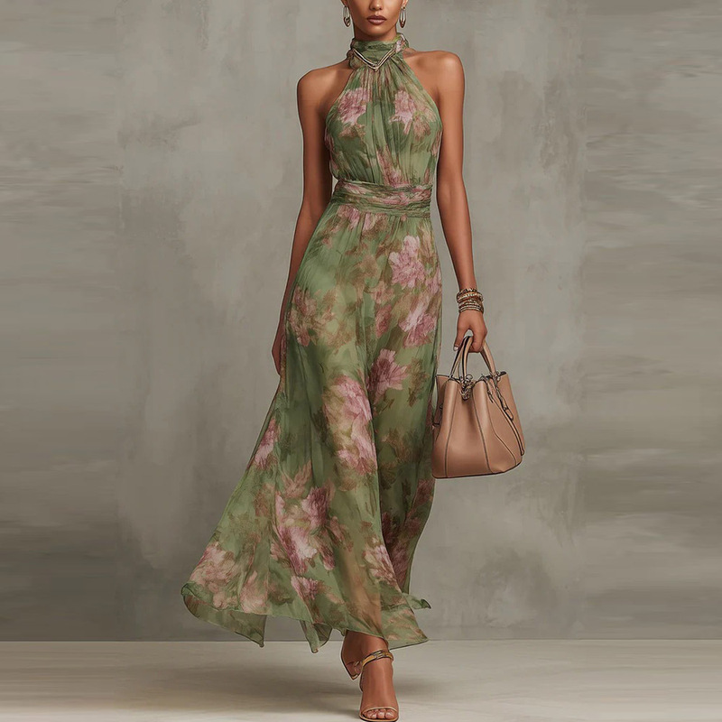 Cross-Border 2026 European and American Women's Fashion Bodycon Mesh Printed Irregular Slit Ruched Sexy Spaghetti Strap Long Dress