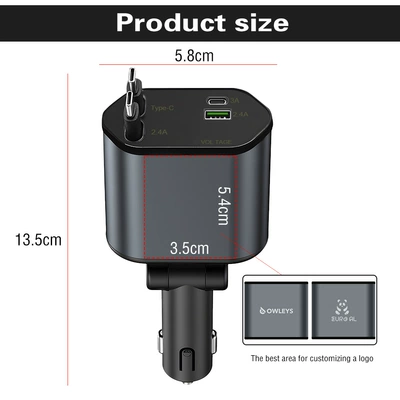 New Car Fast Charging Car Charger Car Mini Four-In-One Retractable Cable Mobile Phone Type-C Super Fast Charging (Mobil şarj cihazları) - diamond-telescopic-cord-4-in-1-lightertype-c-gray