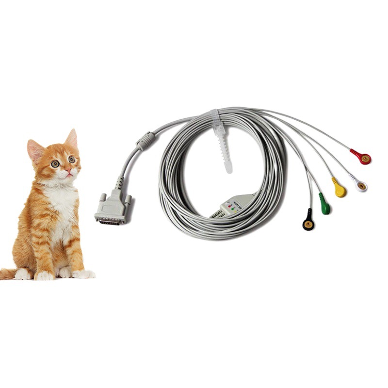 Cable de ECG veterinario Kangtai, cable integrado de 5 derivaciones para ECG de perros y gatos con conector chapado en oro, venta al por mayor del fabricante.