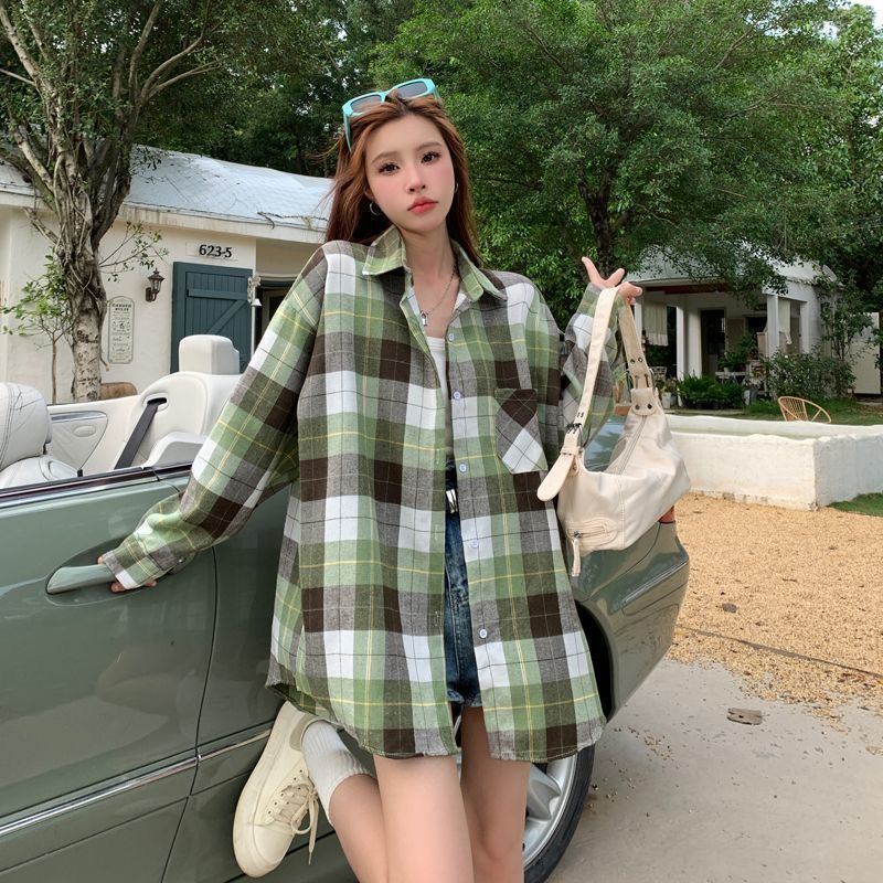 拉夏贝尔美式复古绿色格子衬衫女夏季2025年新款宽松休闲长袖外套