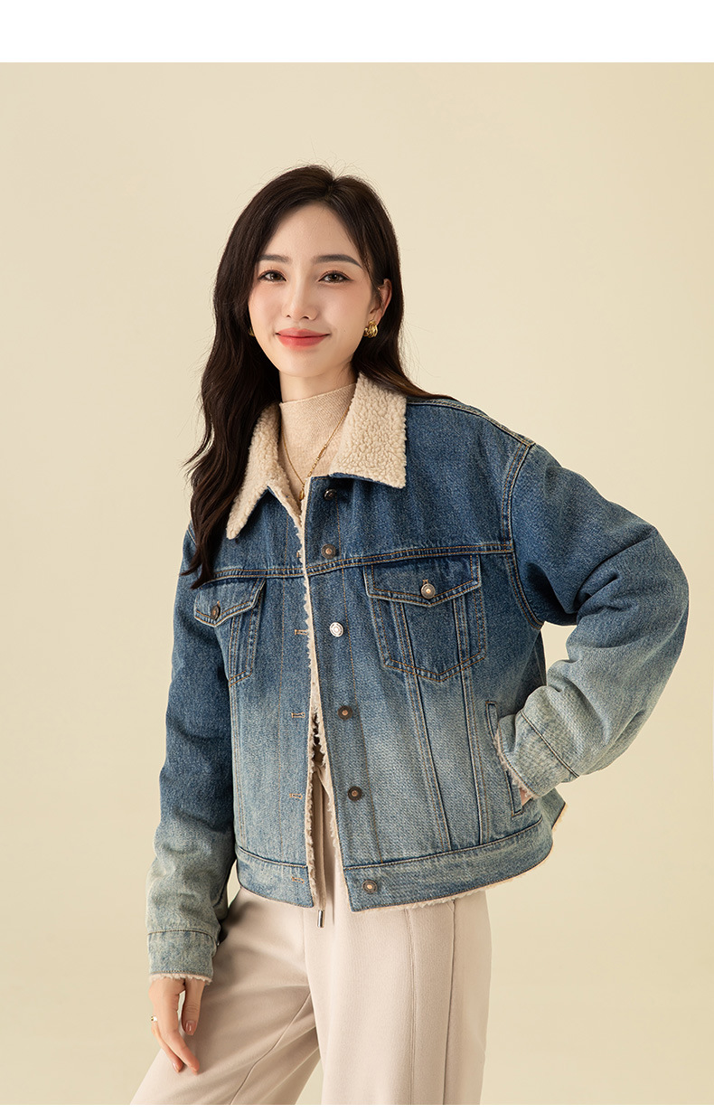 Áo khoác ngắn nữ denim phối màu giả lông cừu, dày dặn giữ ấm — Chuyển dần xanh lam chi tiết 23