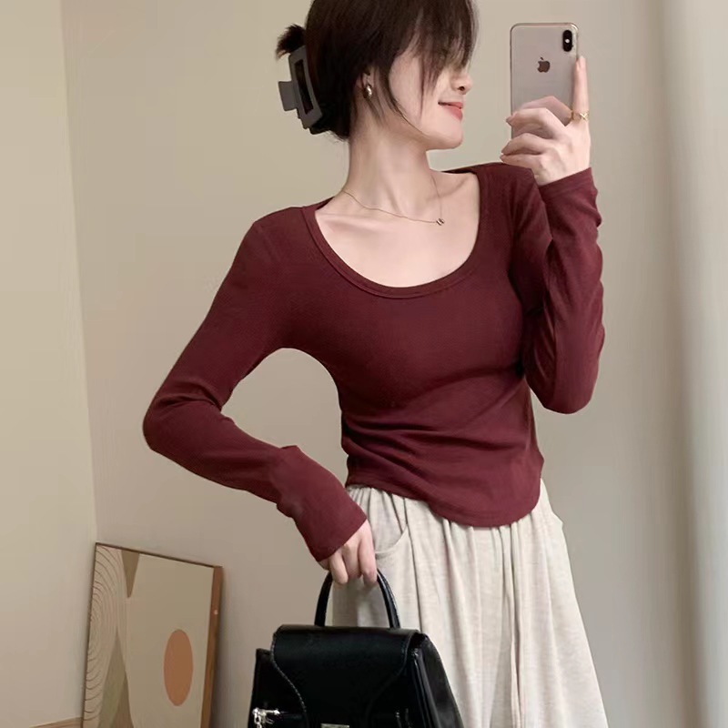 U-목 긴 소매; 진한 보라색 빨간색