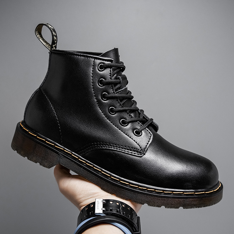 Cross-Border Large Size Boots Autumn and Winter Couples High-Top Trendy Shoes British Style Black Leather Boots Men's Mid-Top Work Boots