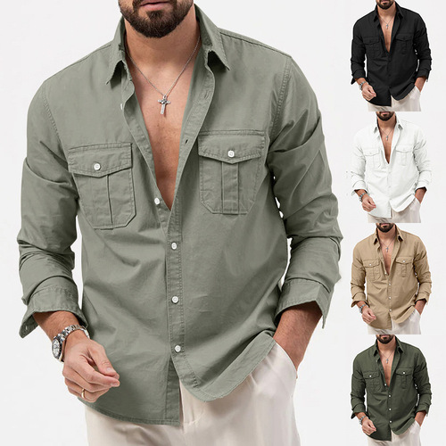 Men's 2025 Western and European Style Long-Sleeve Shirt with Multiple Pockets Casual Top