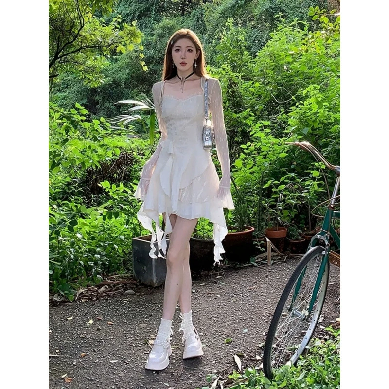 Одиночное/комплектное асимметричное тонкое платье во французском стиле Pure Lust с рюшами + универсальный солнцезащитный кардиган, комплект из двух предметов