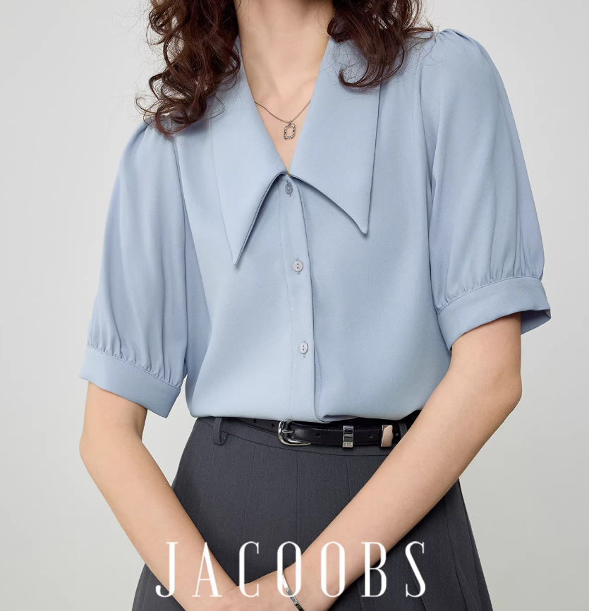 Áo sơ mi nữ cổ nhọn tay ngắn chất liệu chiffon phong cách Pháp — màu đen, xanh lam, màu trắng chi tiết 4