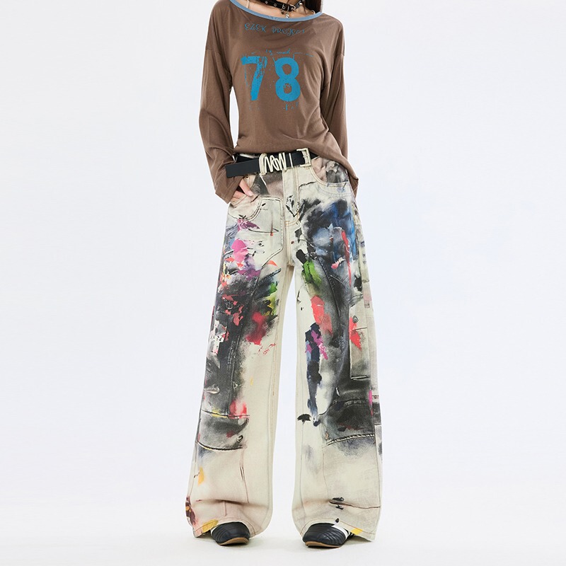 Wide-Leg Painted Graffiti 3D Printed Jeans for Men and Women in Autum Loose Slim Straight Pants Retro High Street Style Pants