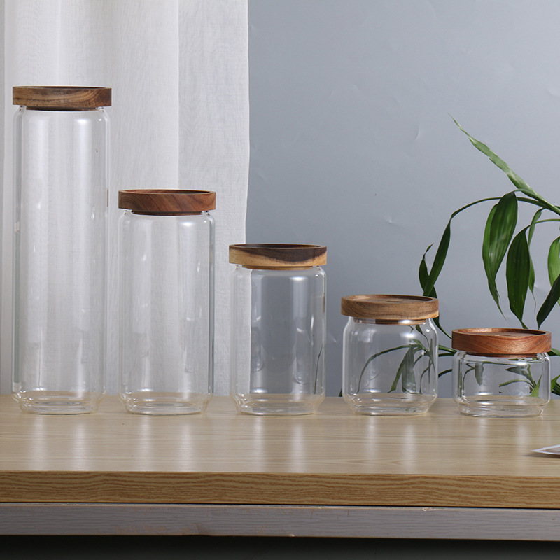 Tapa de madera de acacia frasco de té de vidrio transparente cocina del hogar almacenamiento de productos secos y acabado de frasco sellado frasco de almacenamiento de vidrio
