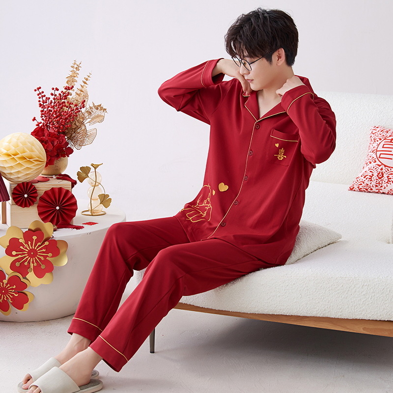 Pijamas hombres primavera y otoño algodón manga larga rojo brillante año animal algodón fino otoño primavera y verano ropa para el hogar