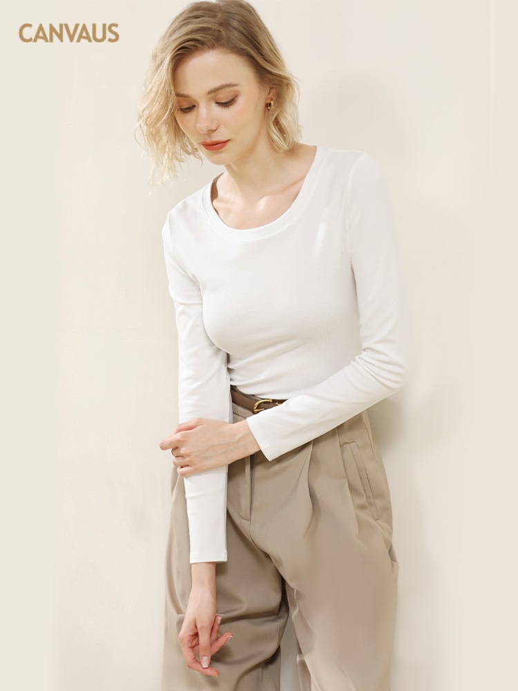 Ropa de Otoño e Invierno para mujer nueva camisa de fondo estilo coreano Cuello redondo para mujer Slim fit adelgazamiento color sólido Algodón elástico desgaste exterior interior superior