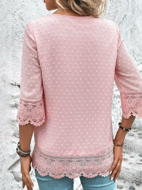 2025 summer new Amazon European and American cross-border temperament V-neck three-quarter sleeve hollow lace top women's clothing