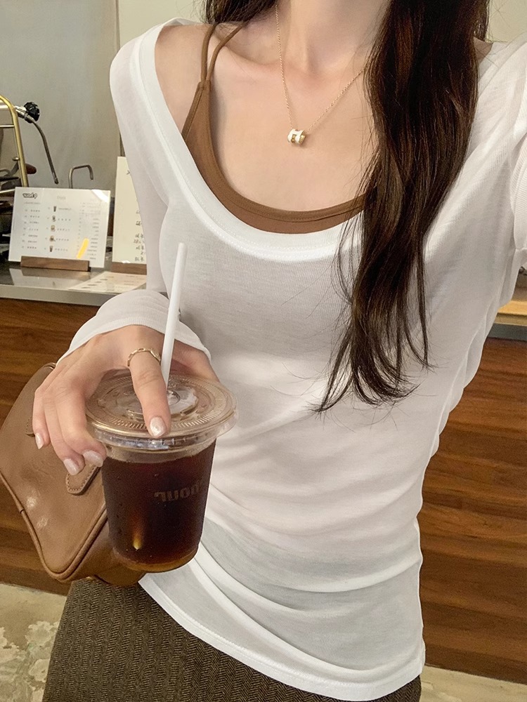 テンセル肌に優しい白ローラウンドネックボトリングシャツ純粋な欲望ホットガール長袖Tシャツレディース秋新作スリムインナートップ