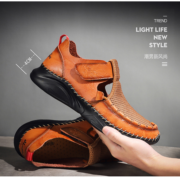 Cross-border plus-size men's sandals 2021 Summer new style mesh shoes, perforated breathable cowhide outdoor sports wading slippers Application Scenario