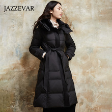 新品高端醋酸羽绒服女嘉泽华冬季长款收腰修身连帽高端加厚外套