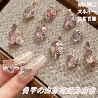 高定蕾丝山茶花系列堆钻球爆闪椭圆蝴蝶结裸钻指甲装饰美甲店专用