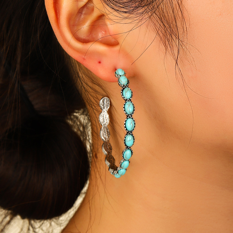 Amazon cross-border new geometric large circle inlaid turquoise earrings retro exaggerated C- word hoop earrings women Wholesale Amazon cross-border new geometric large circle inlaid turquoise earrings retro exaggerated C- word hoop earrings women Wholesale