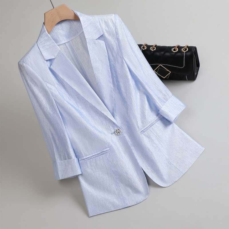 White Acetate Blazer for Women, Summer Thin Style, 2026 New High-End Model, Three-Quarter Sleeve Casual Suit for Petite Sizes